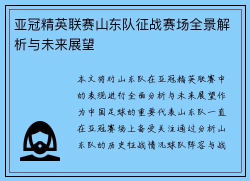 亚冠精英联赛山东队征战赛场全景解析与未来展望 亚冠精英联赛山东队征战赛场全景解析与未来展望