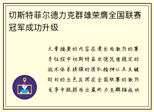 切斯特菲尔德力克群雄荣膺全国联赛冠军成功升级