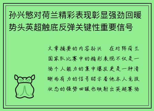 孙兴慜对荷兰精彩表现彰显强劲回暖势头英超触底反弹关键性重要信号
